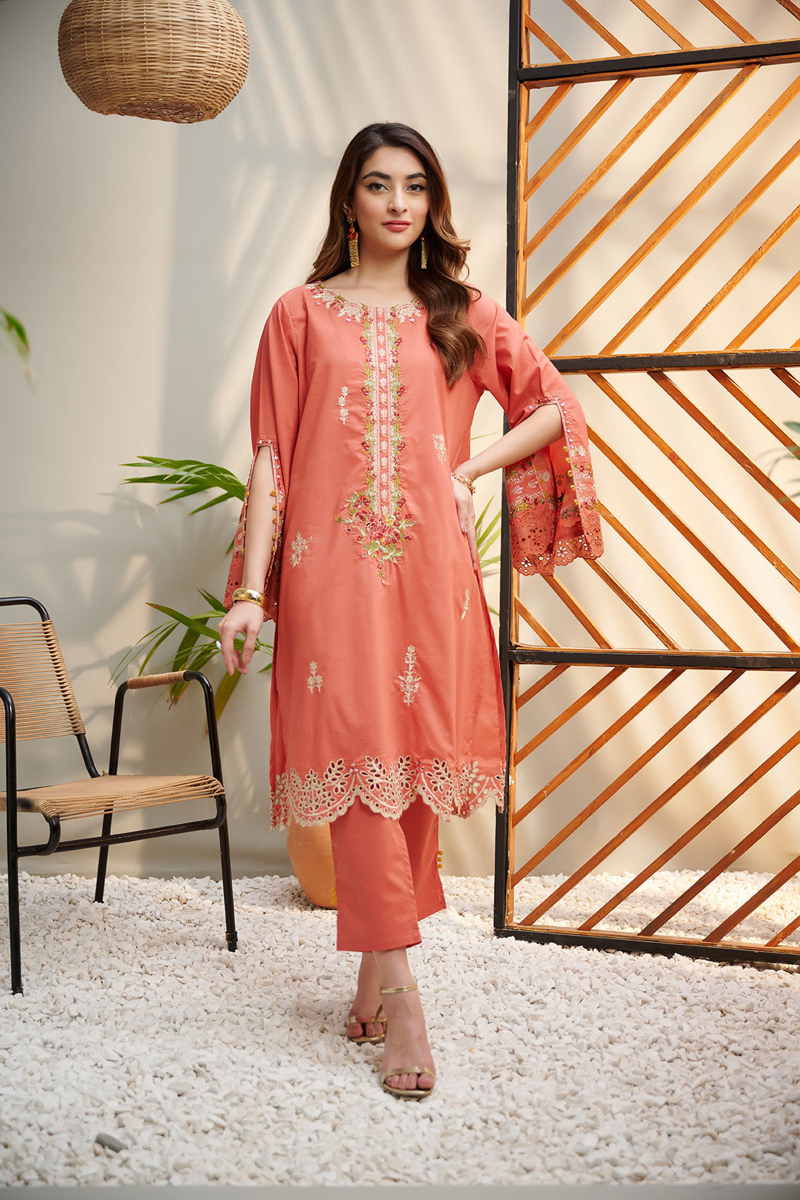 DC-2043 ORANGE 2PCS  EMBROIDERED KURTA WITH TROUSER