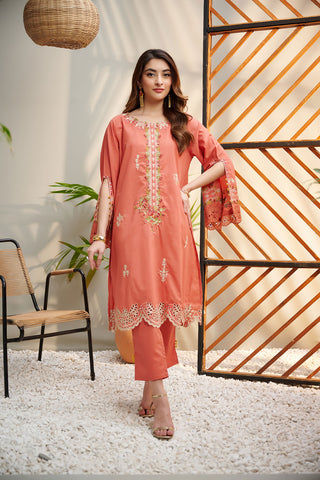DC-2043 ORANGE 2PCS  EMBROIDERED KURTA WITH TROUSER