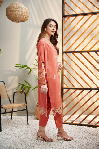 DC-2043 ORANGE 2PCS  EMBROIDERED KURTA WITH TROUSER