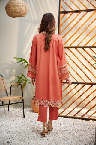 DC-2043 ORANGE 2PCS  EMBROIDERED KURTA WITH TROUSER