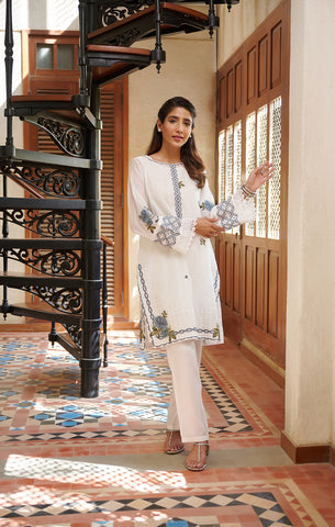 DC-2044 WHITE 2PCS  EMBROIDERED KURTA WITH TROUSER