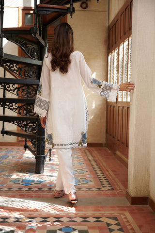 DC-2044 WHITE 2PCS  EMBROIDERED KURTA WITH TROUSER