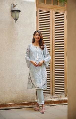 DC-2045 WATER BLUE 2PCS  EMBROIDERED KURTA WITH TROUSER