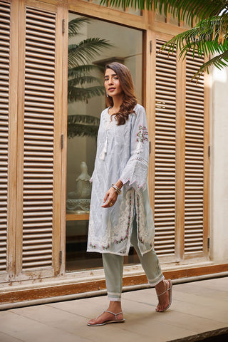 DC-2045 WATER BLUE 2PCS  EMBROIDERED KURTA WITH TROUSER
