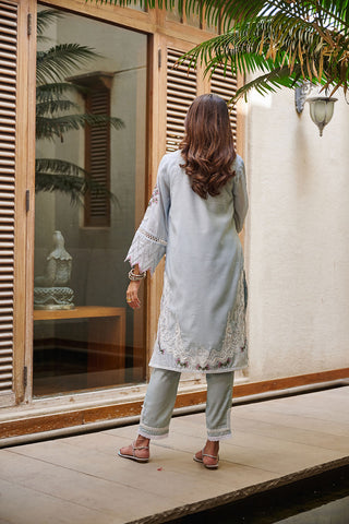 DC-2045 WATER BLUE 2PCS  EMBROIDERED KURTA WITH TROUSER