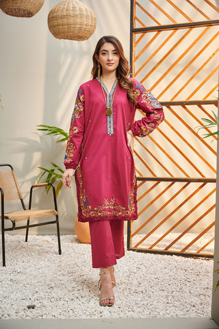 DC-2046 PINK 2PCS  EMBROIDERED KURTA WITH TROUSER