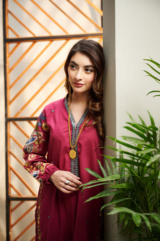 DC-2046 PINK 2PCS  EMBROIDERED KURTA WITH TROUSER