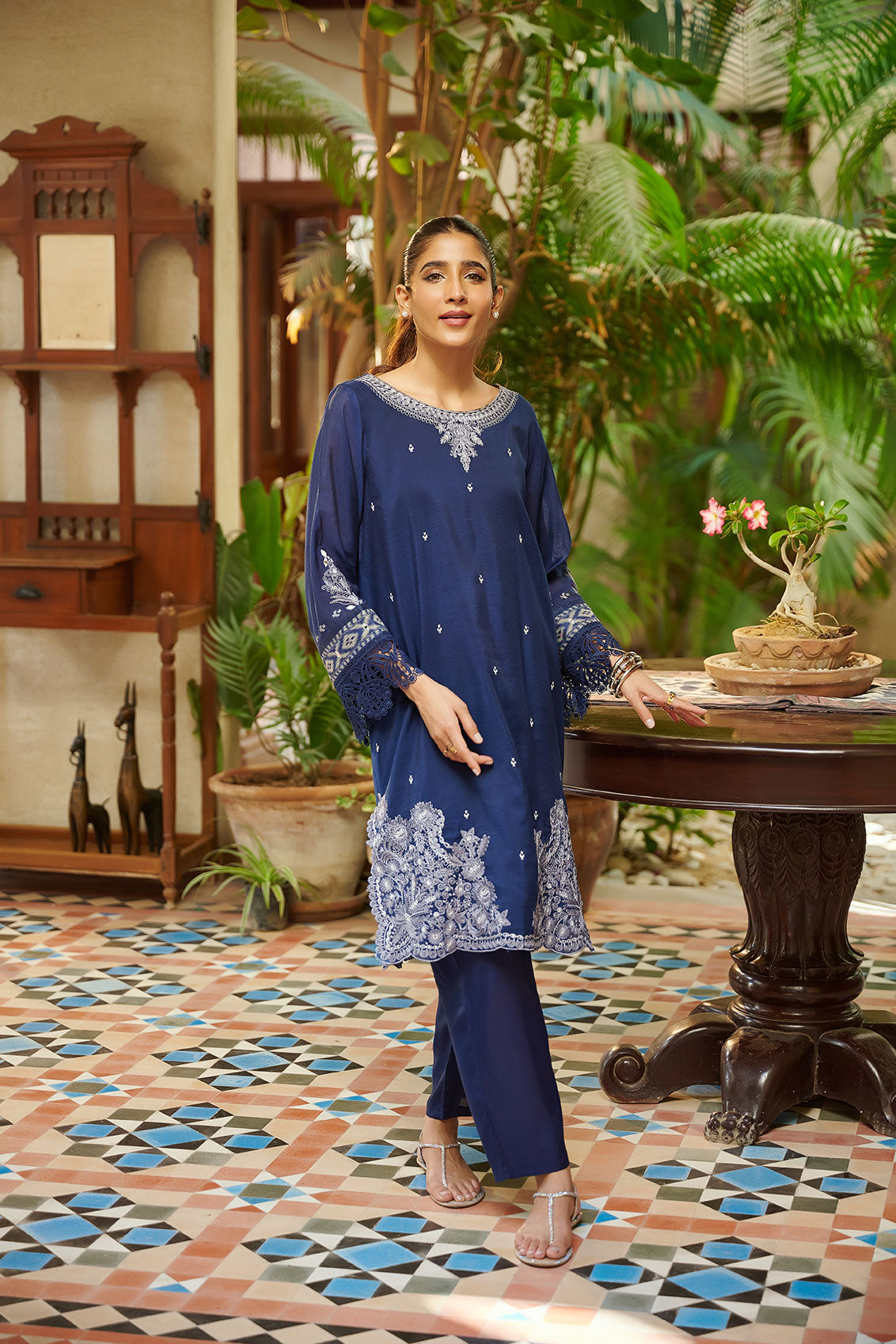 DC-2048 NAVY BLUE 2PCS  EMBROIDERED KURTA WITH TROUSER