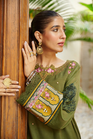 DC-2049 DARK GREEN 2PCS  EMBROIDERED KURTA WITH TROUSER