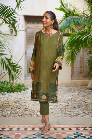 DC-2049 DARK GREEN 2PCS  EMBROIDERED KURTA WITH TROUSER