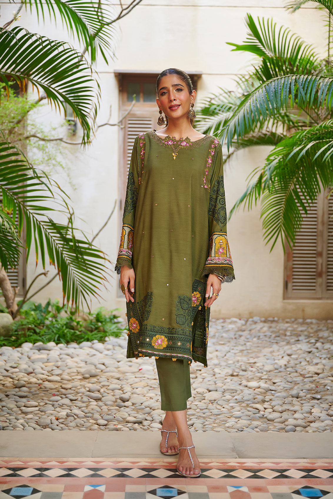 DC-2049 DARK GREEN 2PCS  EMBROIDERED KURTA WITH TROUSER
