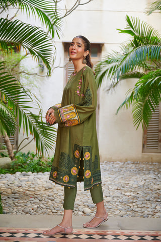 DC-2049 DARK GREEN 2PCS  EMBROIDERED KURTA WITH TROUSER