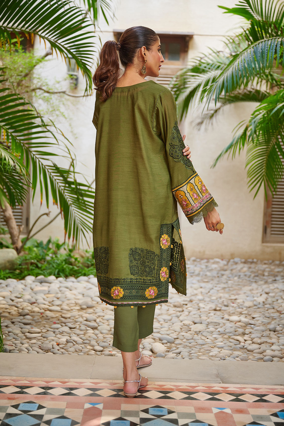DC-2049 DARK GREEN 2PCS  EMBROIDERED KURTA WITH TROUSER