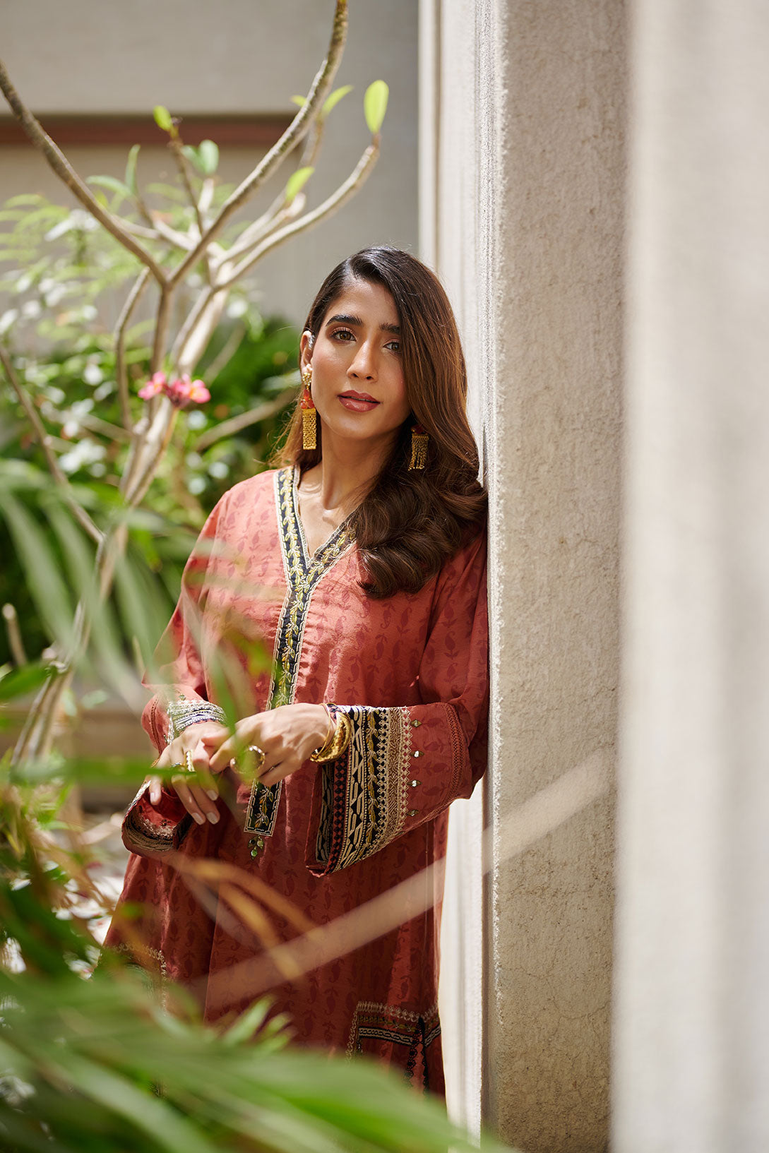DC-2053 RUST 2PCS  EMBROIDERED KURTA WITH TROUSER