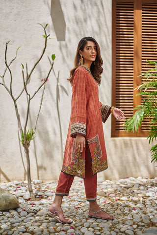 DC-2053 RUST 2PCS  EMBROIDERED KURTA WITH TROUSER