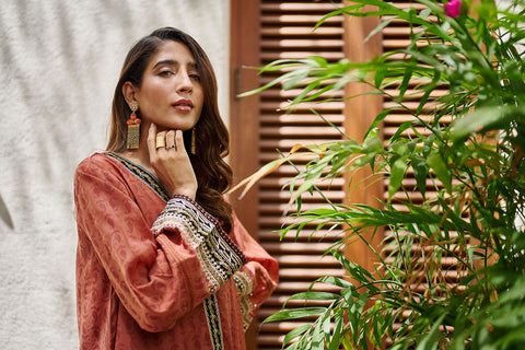 DC-2053 RUST 2PCS  EMBROIDERED KURTA WITH TROUSER