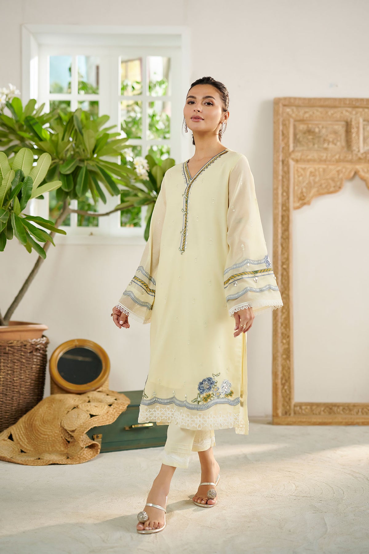 DC-2082 LEMON 2PCS  EMBROIDERED KURTA WITH TROUSER
