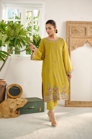 DC-2086 GREEN 2PCS  EMBROIDERED KURTA WITH TROUSER