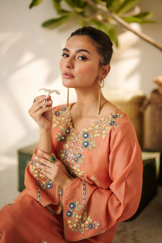 DC-2089 PEACH 2PCS  EMBROIDERED KURTA WITH TROUSER