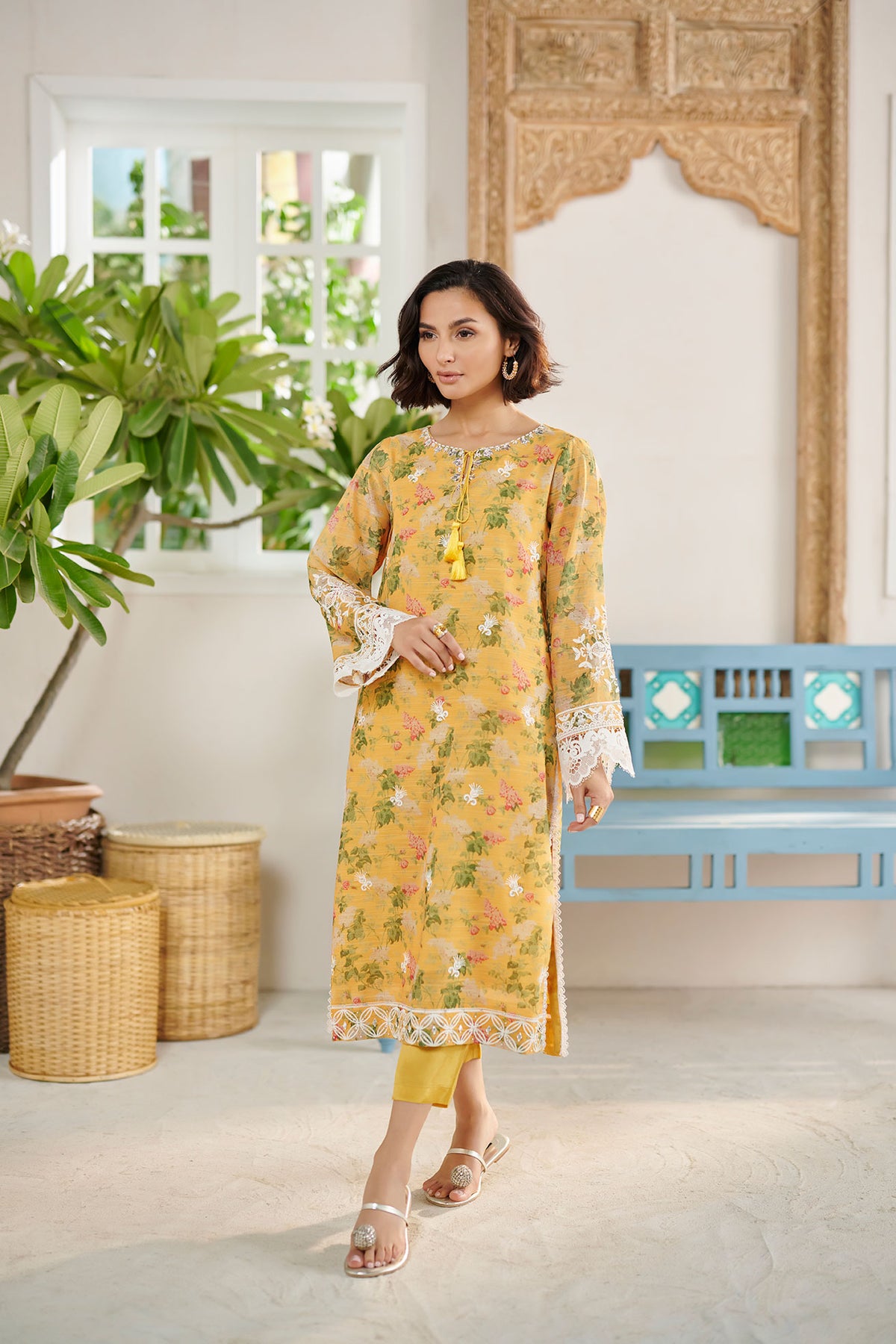 DC-2091 YELLOW 2PCS MUNAR  EMBROIDERED KURTA WITH TROUSER