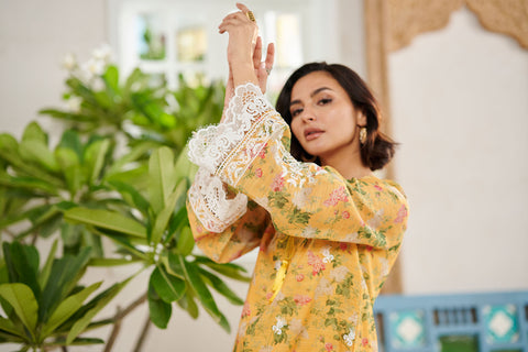 DC-2091 YELLOW 2PCS MUNAR  EMBROIDERED KURTA WITH TROUSER