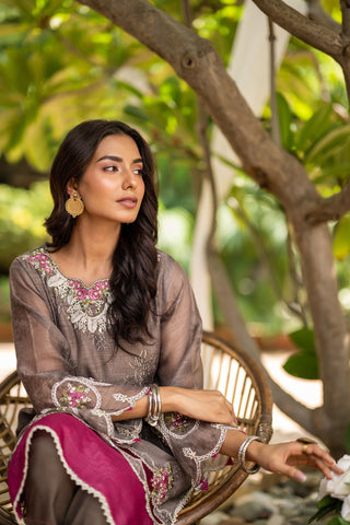 DC-2097 BROWN 2PCS  EMBROIDERED KURTA WITH TROUSER