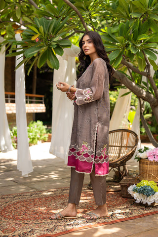 DC-2097 BROWN 2PCS  EMBROIDERED KURTA WITH TROUSER