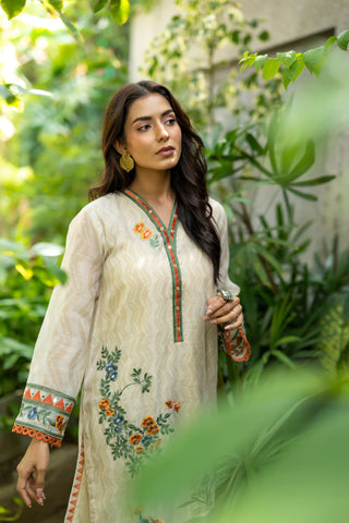 DC-2099 BEIGE 2PCS  EMBROIDERED KURTA WITH TROUSER