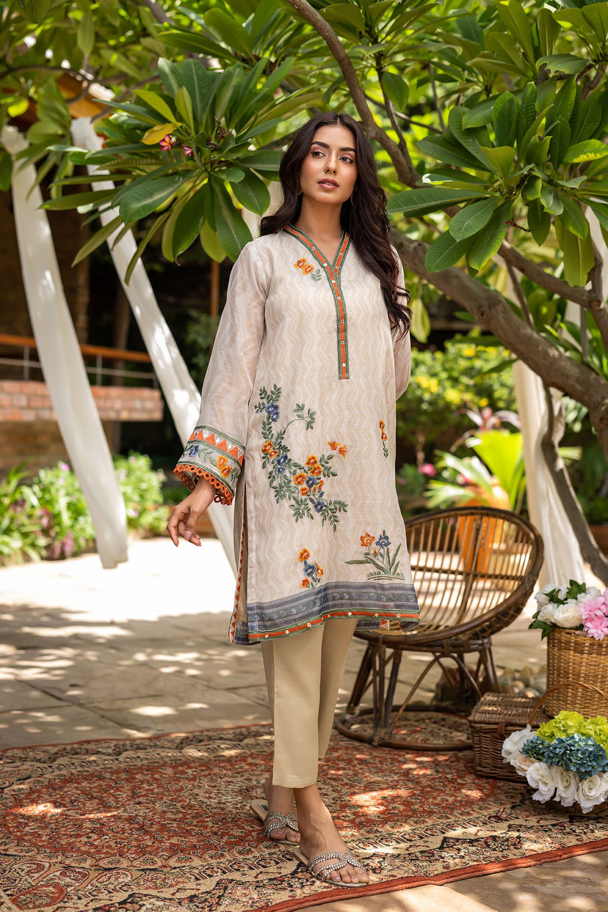 DC-2099 BEIGE 2PCS  EMBROIDERED KURTA WITH TROUSER