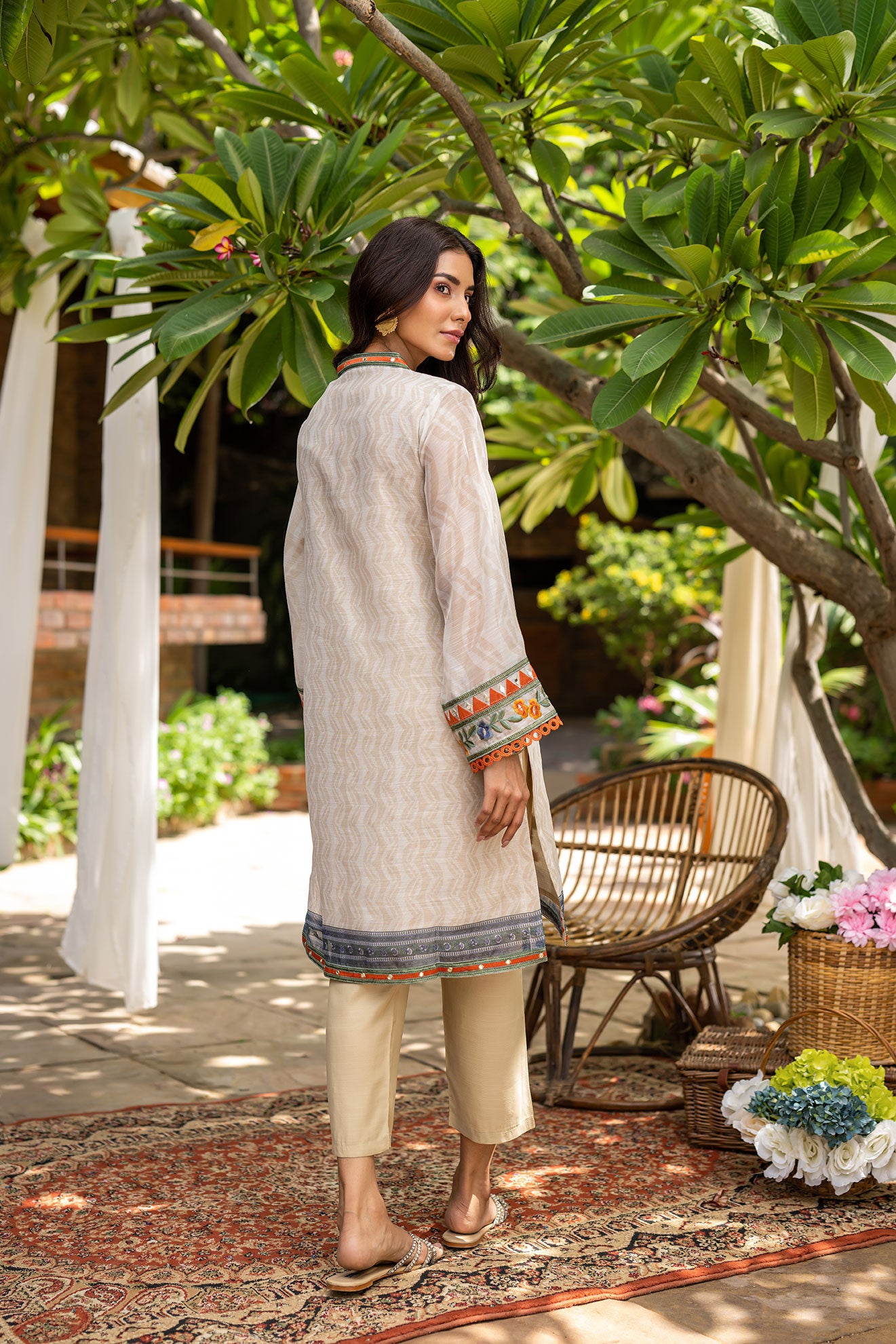 DC-2099 BEIGE 2PCS  EMBROIDERED KURTA WITH TROUSER