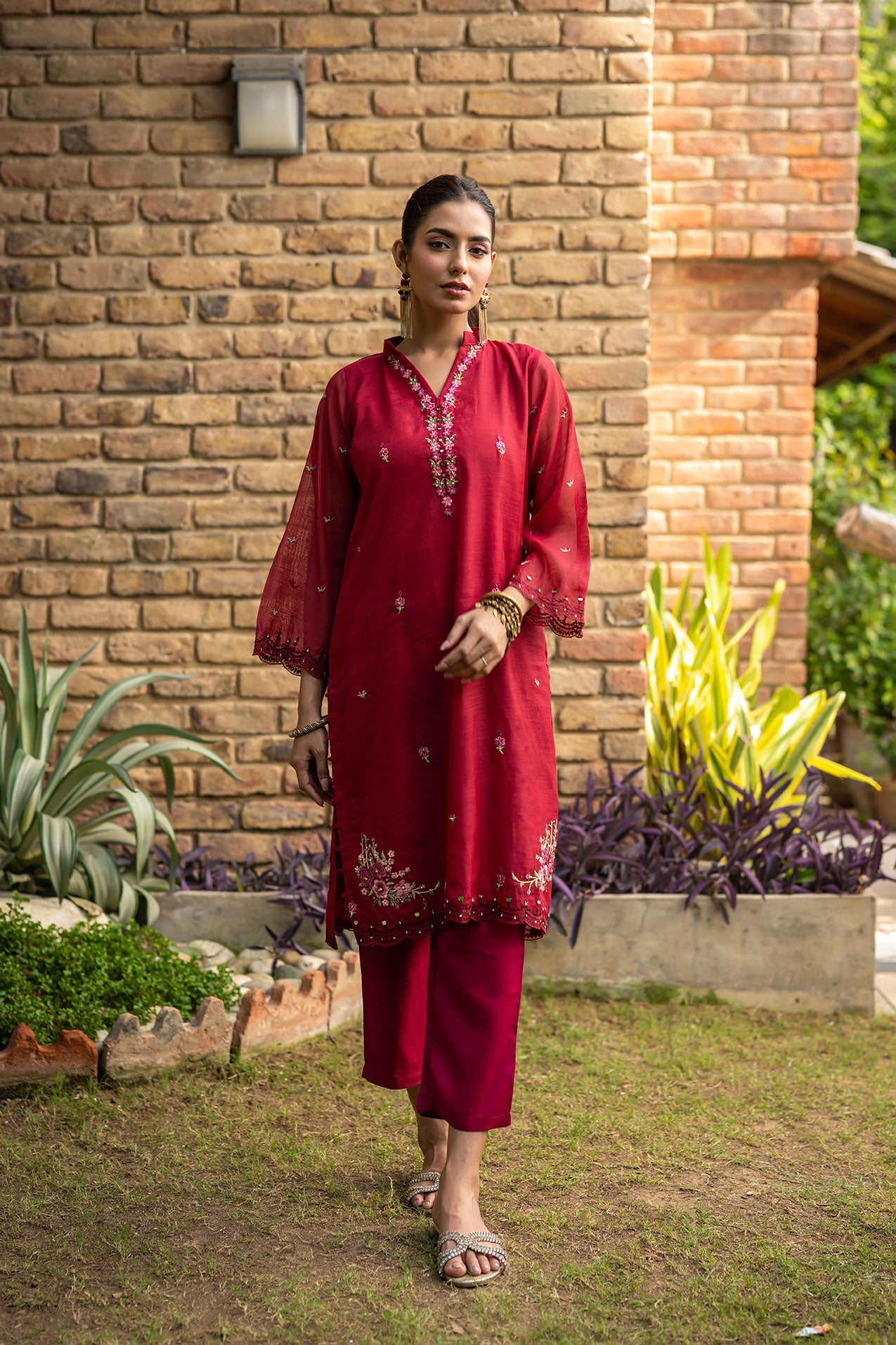 DC-2104 PINK 2PCS  EMBROIDERED KURTA WITH TROUSER