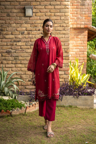 DC-2104 PINK 2PCS  EMBROIDERED KURTA WITH TROUSER