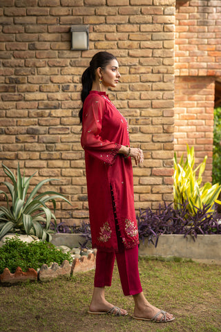 DC-2104 PINK 2PCS  EMBROIDERED KURTA WITH TROUSER