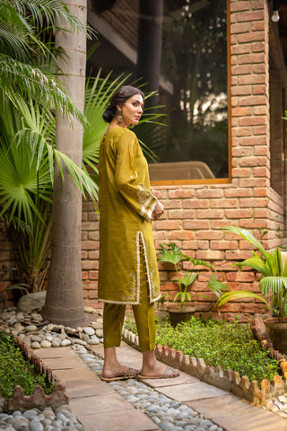DC-2105 GREEN 2PCS  EMBROIDERED KURTA WITH TROUSER