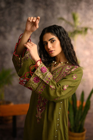 DC-2109 GREEN KARANDI 2PCS EMBROIDERED KURTA WITH TROUSER