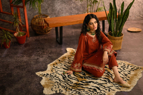DC-2112 RUST KHADDAR 2PCS EMBROIDERED KURTA WITH TROUSER