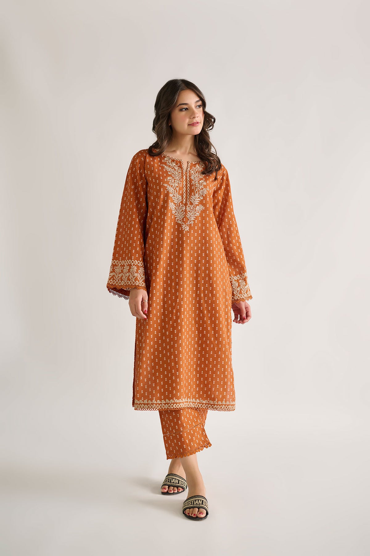 DC-2113 ORANGE KHADDAR 2PCS EMBROIDERED KURTA WITH TROUSER