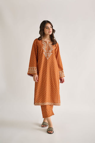 DC-2113 ORANGE KHADDAR 2PCS EMBROIDERED KURTA WITH TROUSER