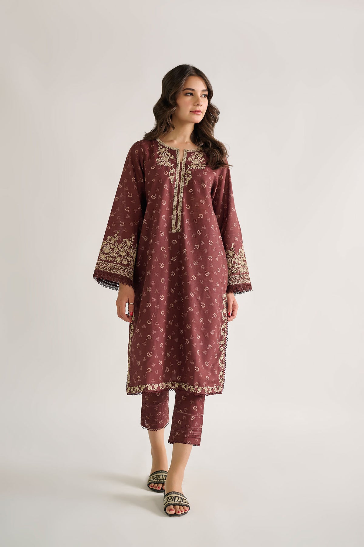 DC-2118 BROWN KHADDAR 2PCS EMBROIDERED KURTA WITH TROUSER