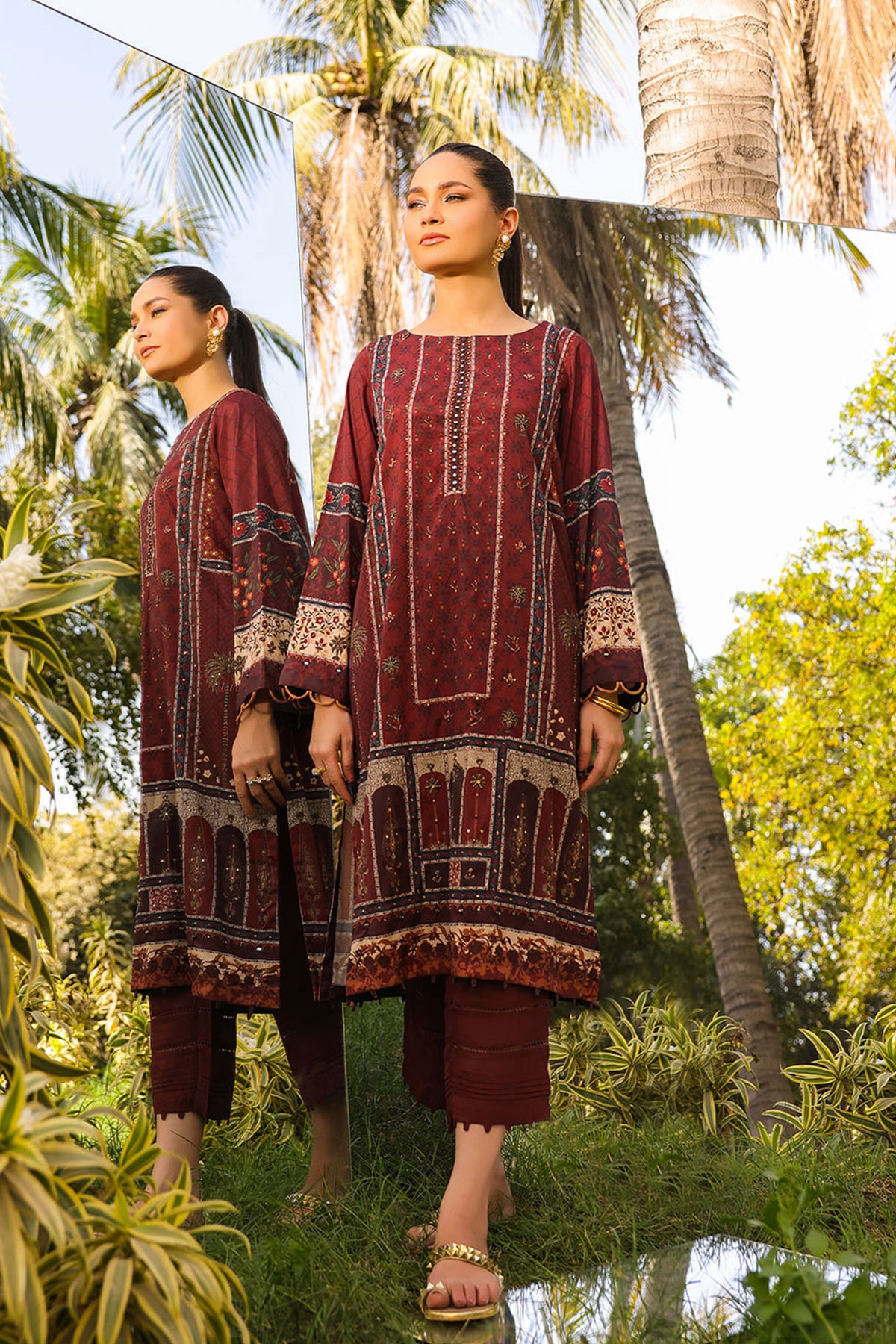 DC-2141 MAROON 2PCS HAND EMBELLISHED  SHIRT WITH TROUSER