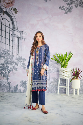 DU-3072 NAVY-BLUE COTTON-ORGANZA  3PCS