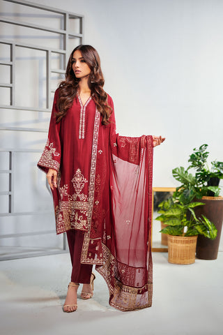 DA-2010 MAROON EMBROIDERED KURTA WITH DUPATTA
