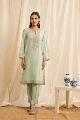 DA-1253 ICE-GREEN EMBROIDERED KURTA
