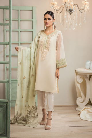 DA-1254 BEIGE EMBROIDERED KURTA WITH DUPATTA