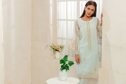 DA-1307 Sky-Blue EMBROIDERED KURTA