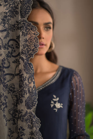 DA-1383 NAVY-BLUE EMBROIDERED KURTA WITH DUPATTA