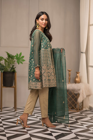 DA-1392 GREEN EMBROIDERED KURTA WITH DUPATTA