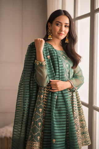 DA-1392 GREEN EMBROIDERED KURTA WITH DUPATTA