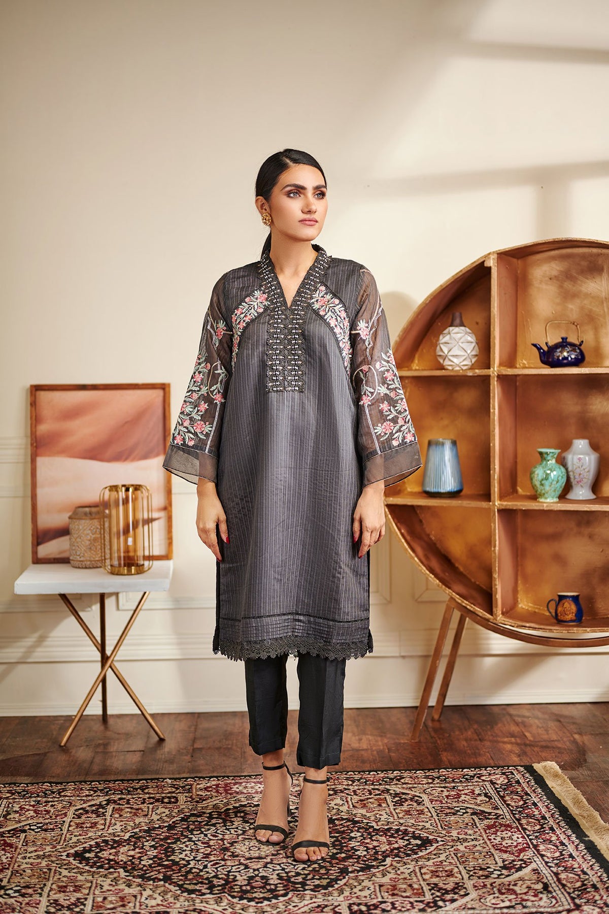 DA-1416 Dark- Grey EMBROIDERED KURTA