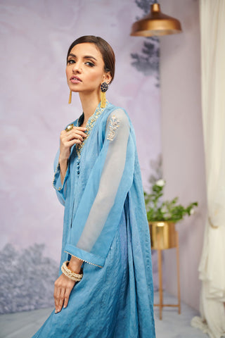 DA-1471 Blue  EMBROIDERED KURTA WITH TROSER